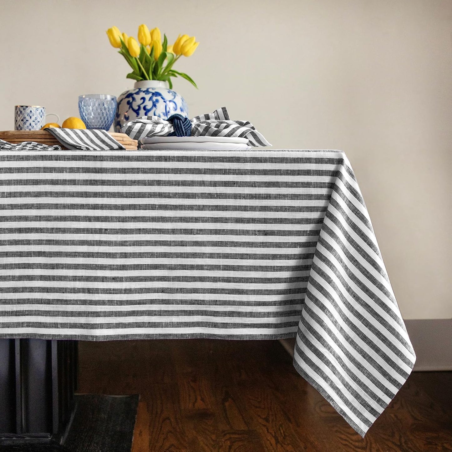 Solino Home Linen Tablecloth 60 x 90 Inch - Amalfi Stripe 100% Pure Linen Natural and White Table Cloth for Rectangle Tables - Machine Washable Tablecloth for Fall, Autumn, Thanksgiving